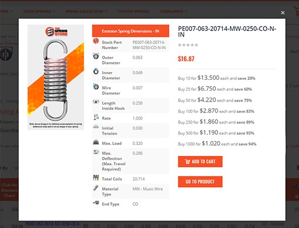 extension spring finder results in quickview pop-up